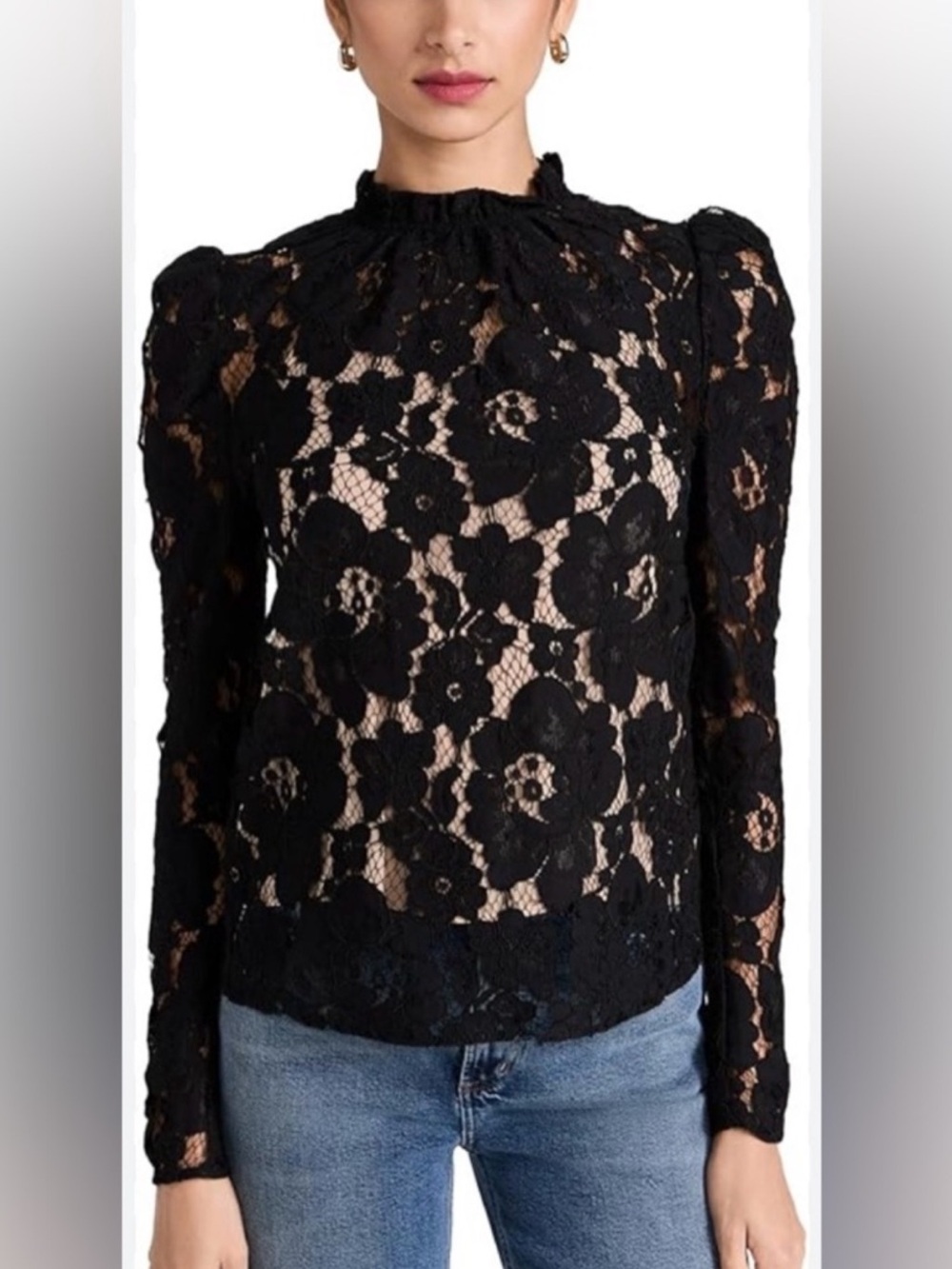 Wayf Black Floral Lace High-Neck Blouse size small